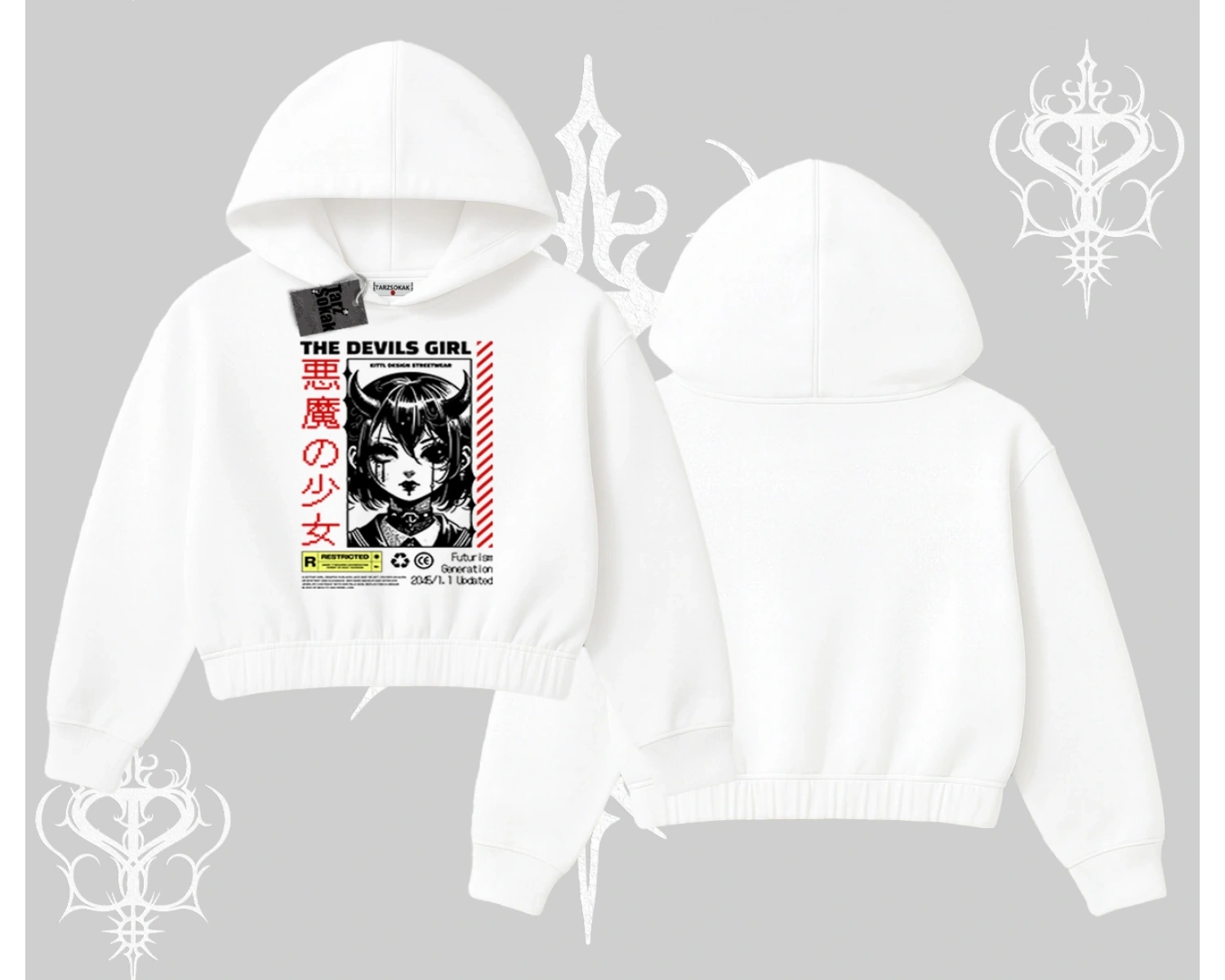 Kapşonlu Crop Sweatshirt Anime Devils Girl Japanese Style Baskılı