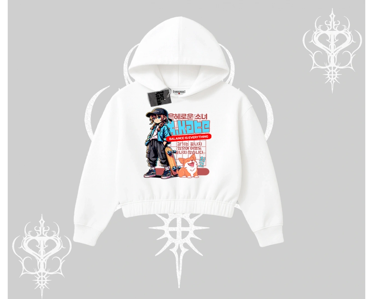 Kapşonlu Crop Sweatshirt Anime Hiker Girl Balance Is Everything Baskılı