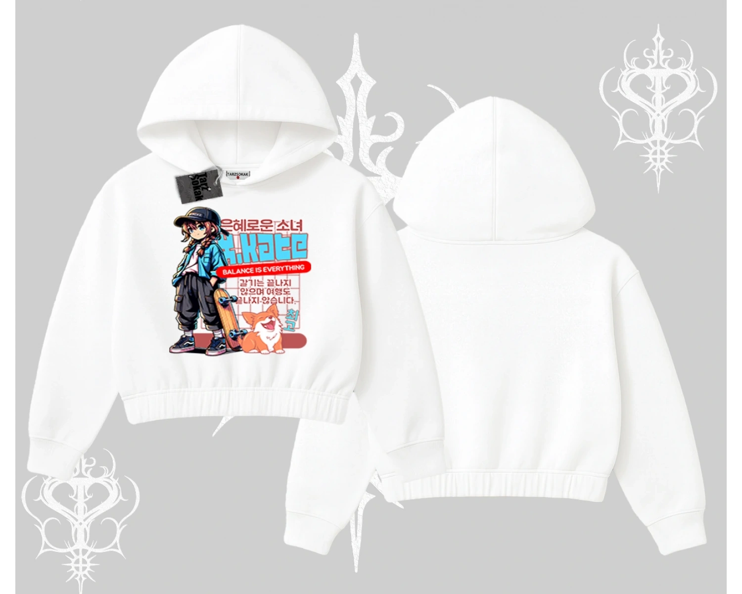 Kapşonlu Crop Sweatshirt Anime Hiker Girl Balance Is Everything Baskılı