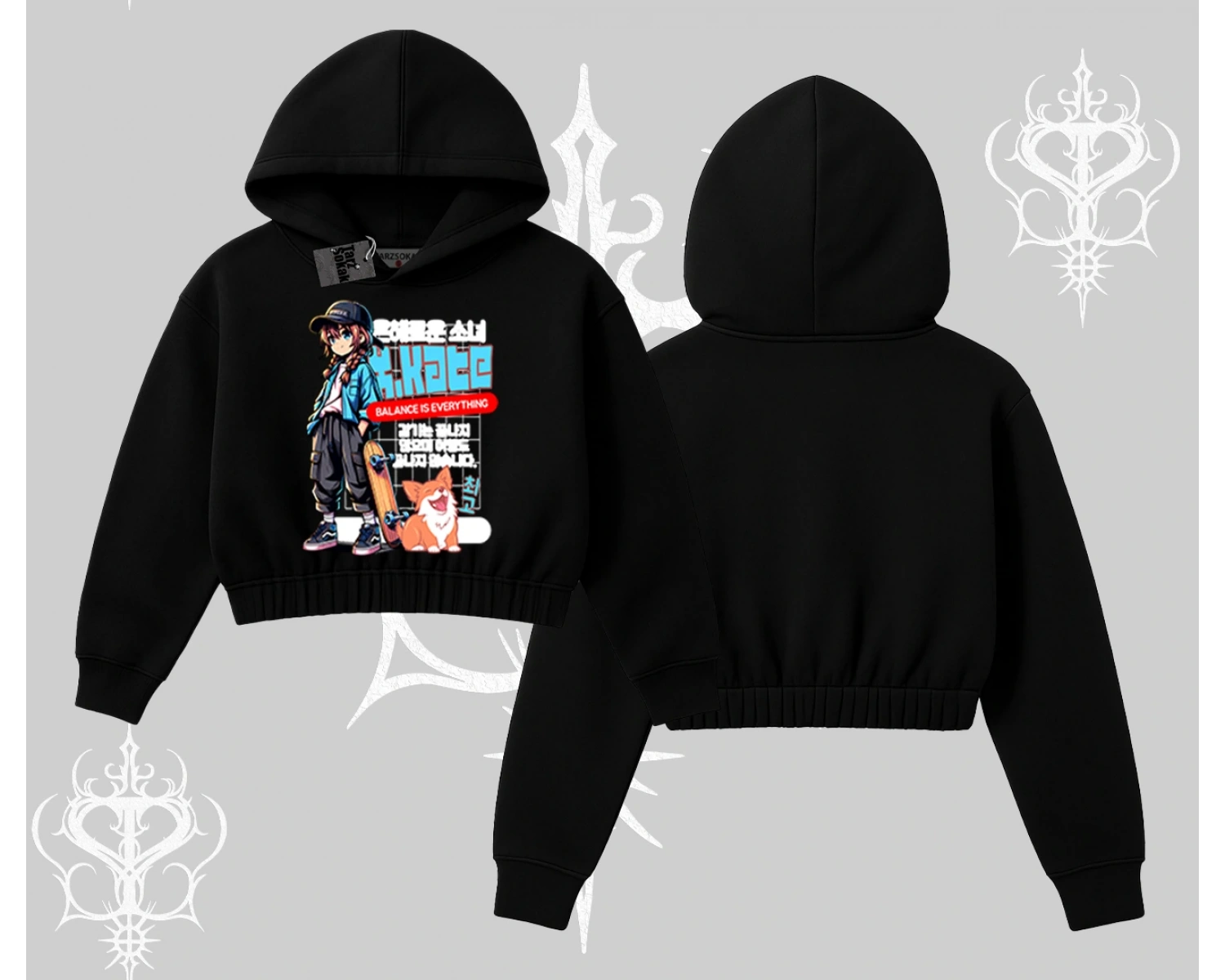 Kapşonlu Crop Sweatshirt Anime Hiker Girl Balance Is Everything Baskılı