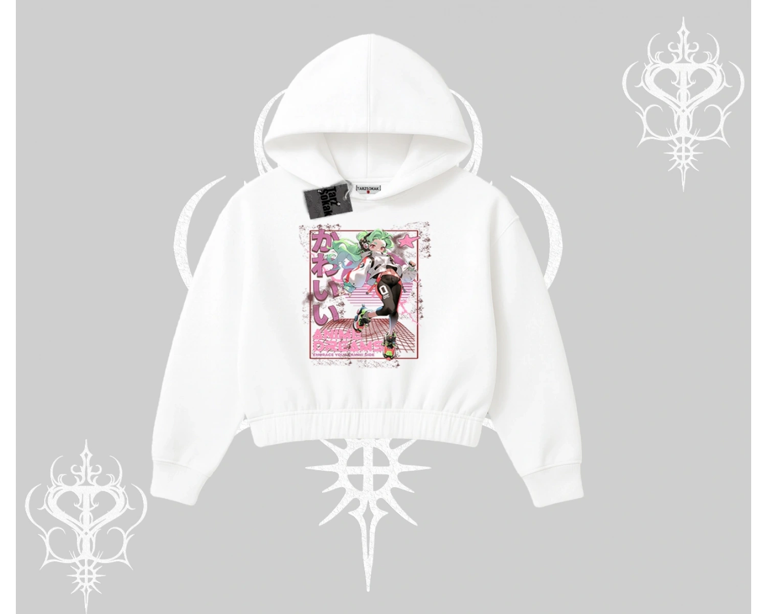 Kapşonlu Crop Sweatshirt Anime Kawaii Japon Kız Desenli