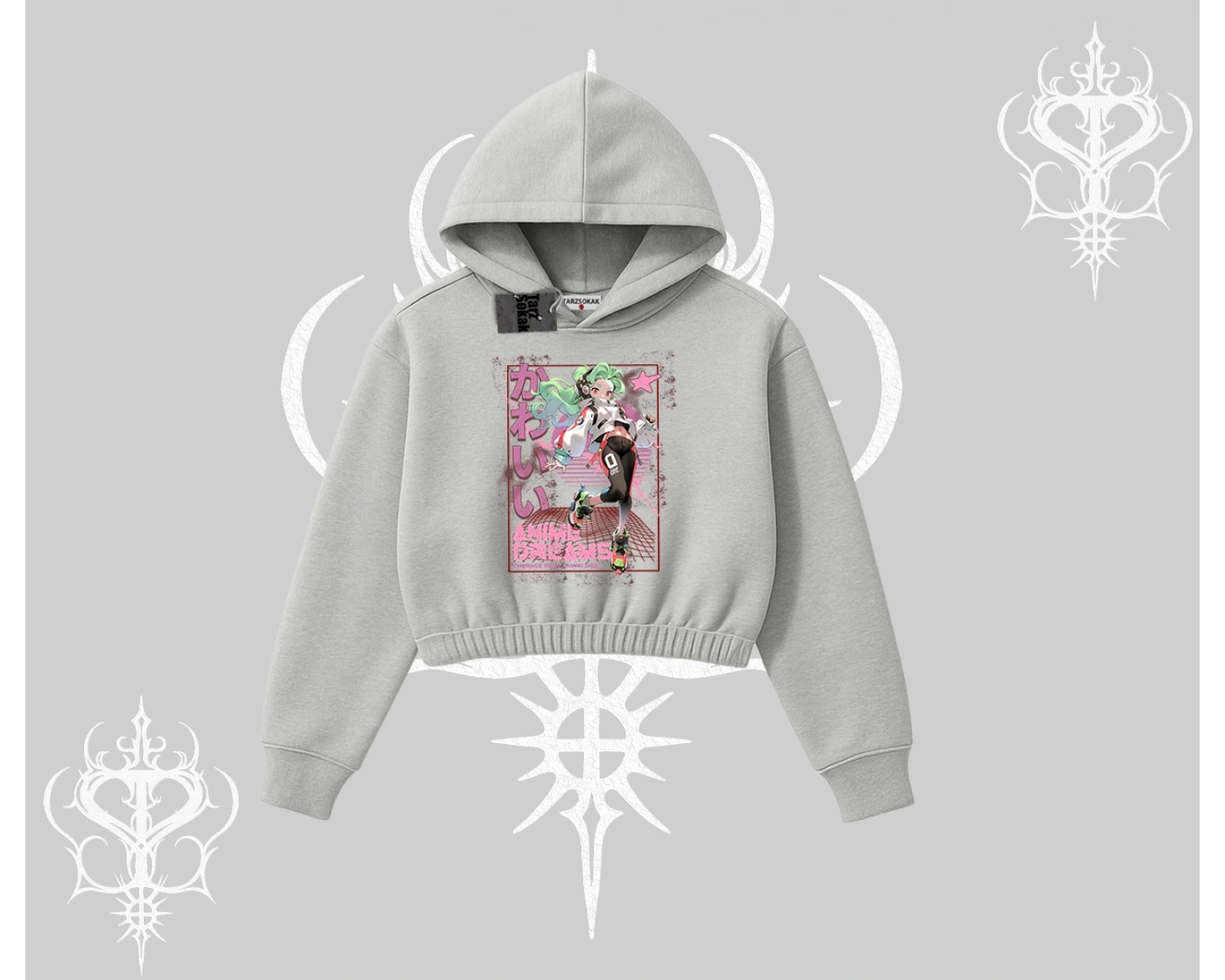 Kapşonlu Crop Sweatshirt Anime Kawaii Japon Kız Desenli