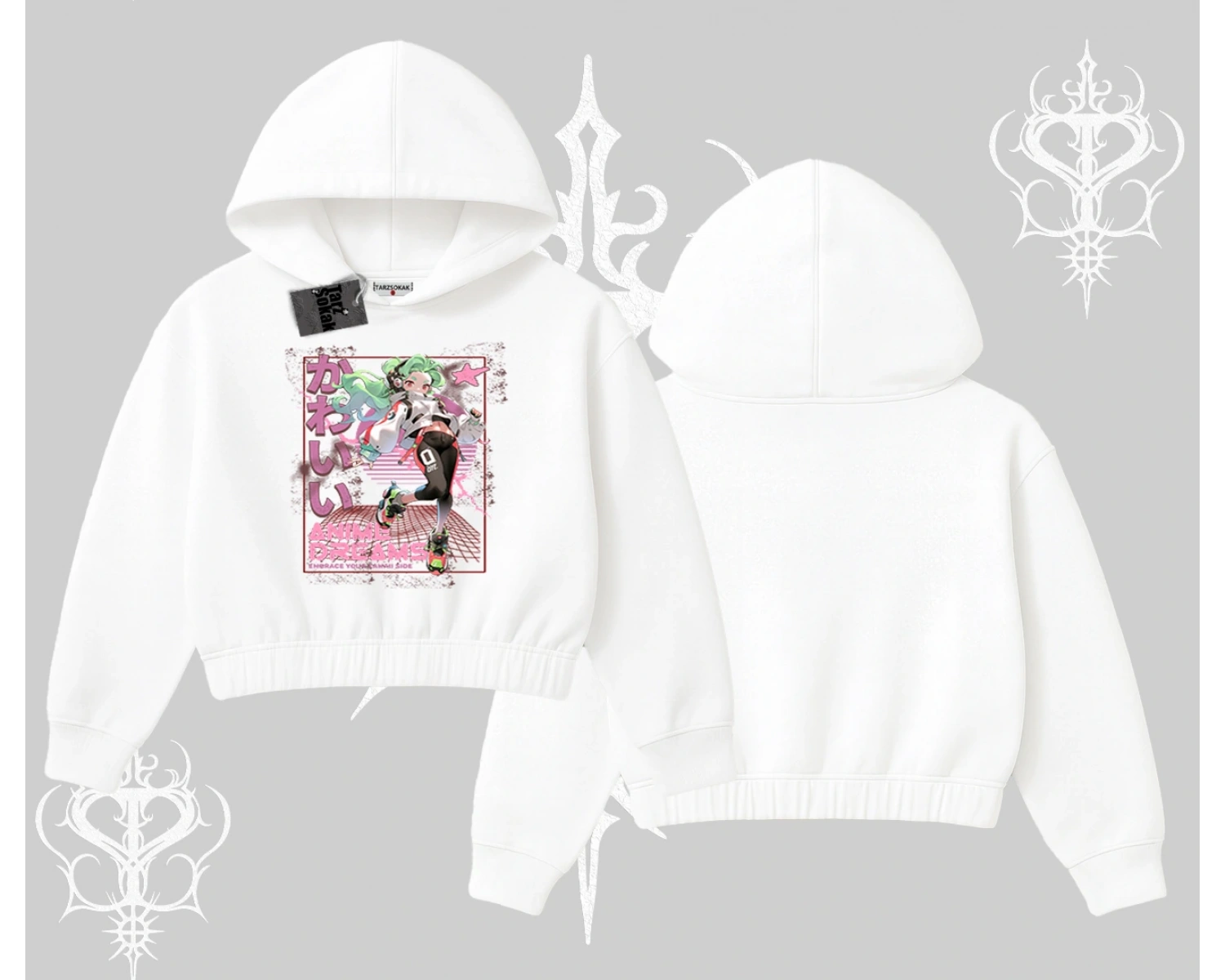 Kapşonlu Crop Sweatshirt Anime Kawaii Japon Kız Desenli