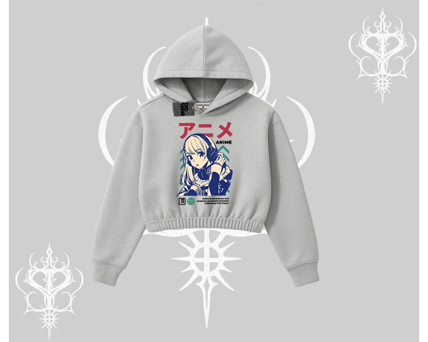 Kapşonlu Crop Sweatshirt Anime Kız Desenli Japon Tarzı