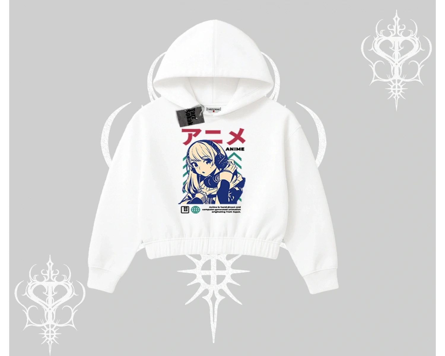 Kapşonlu Crop Sweatshirt Anime Kız Desenli Japon Tarzı