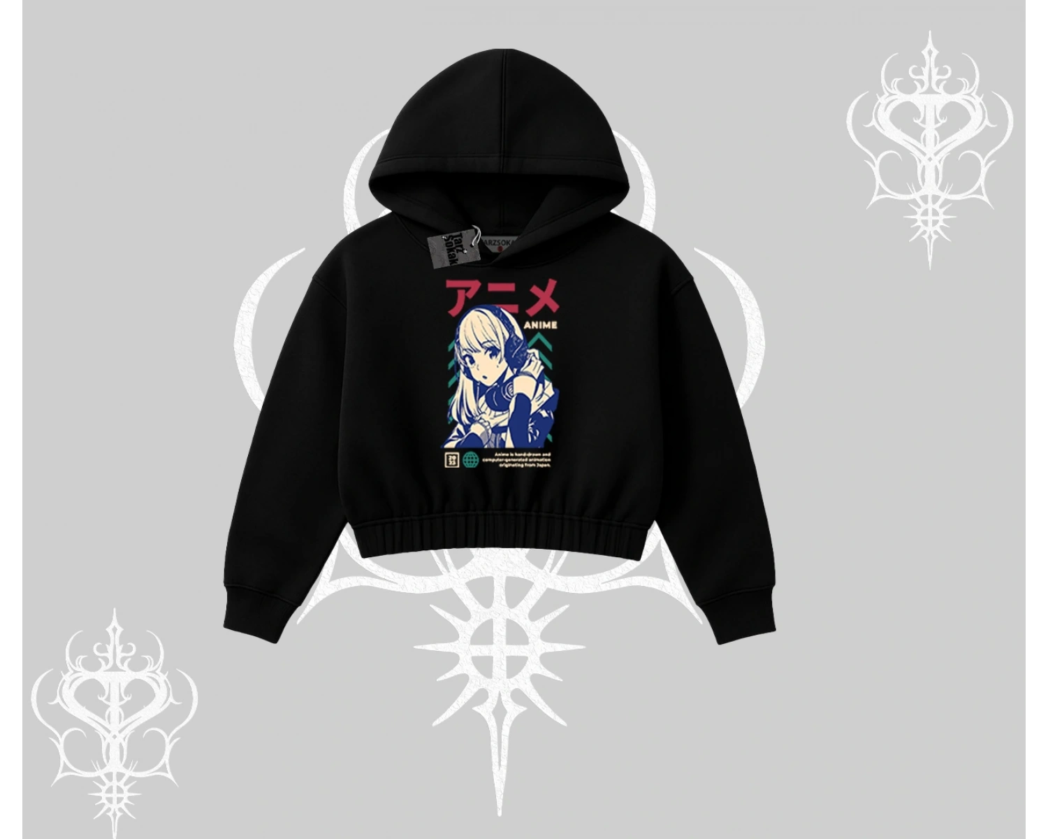 Kapşonlu Crop Sweatshirt Anime Kız Desenli Japon Tarzı