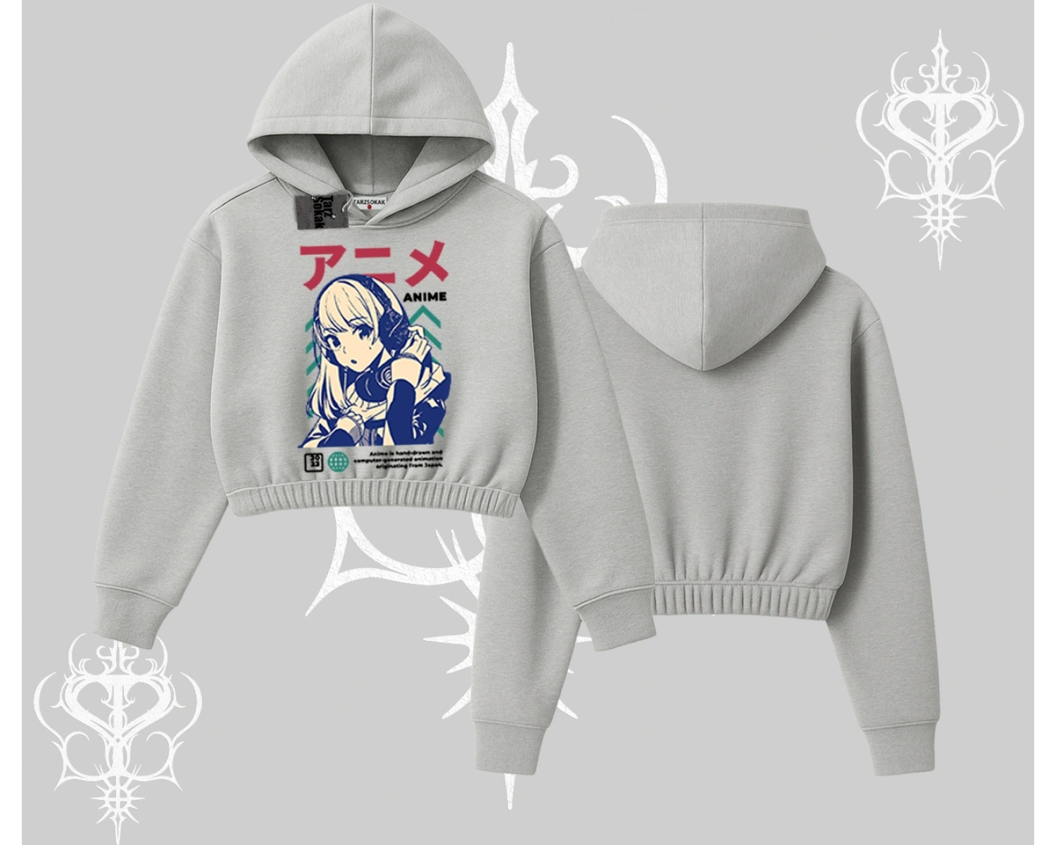 Kapşonlu Crop Sweatshirt Anime Kız Desenli Japon Tarzı