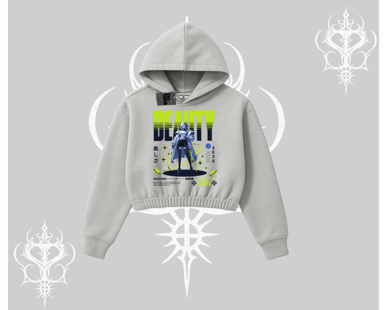 Kapşonlu Crop Sweatshirt Anime Unity Neon Detaylı Grafik Baskılı
