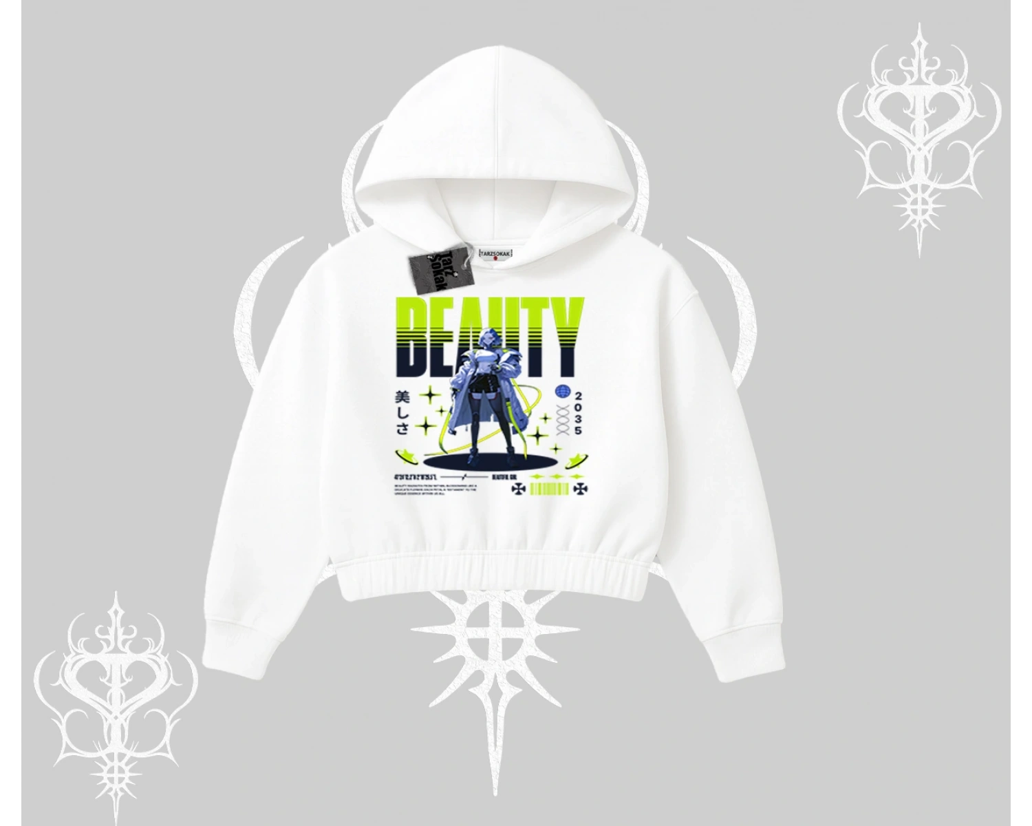 Kapşonlu Crop Sweatshirt Anime Unity Neon Detaylı Grafik Baskılı