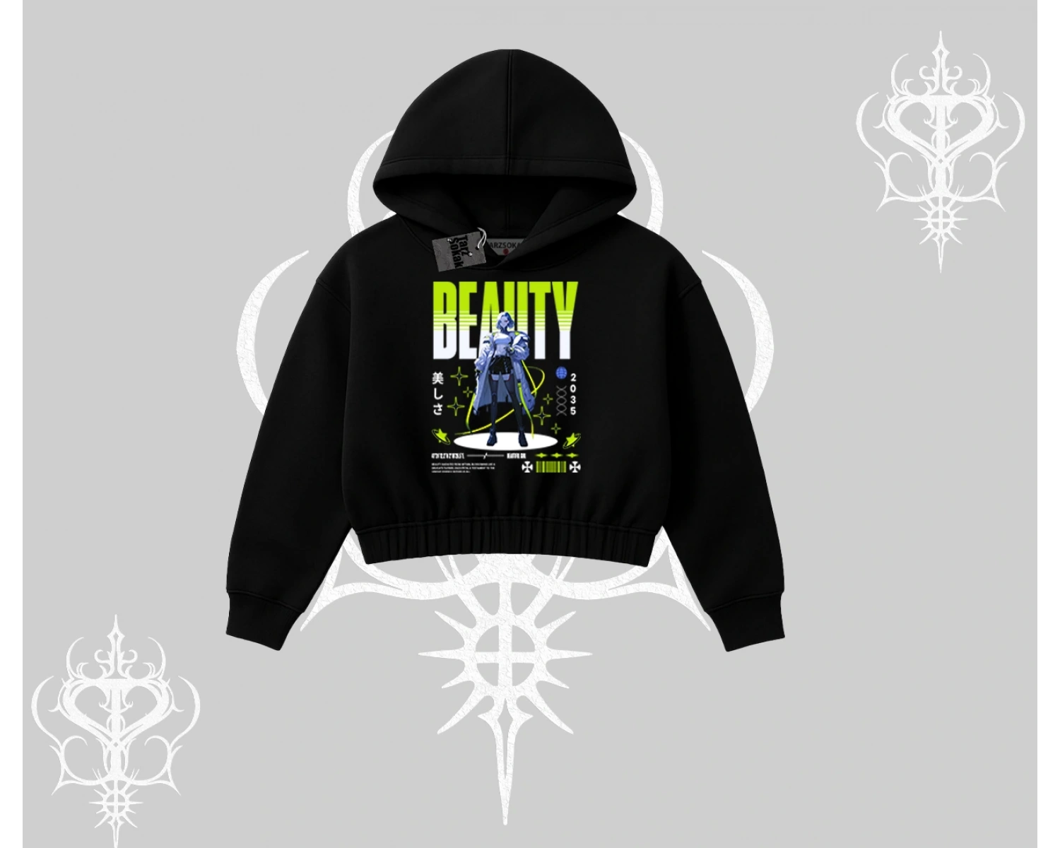 Kapşonlu Crop Sweatshirt Anime Unity Neon Detaylı Grafik Baskılı