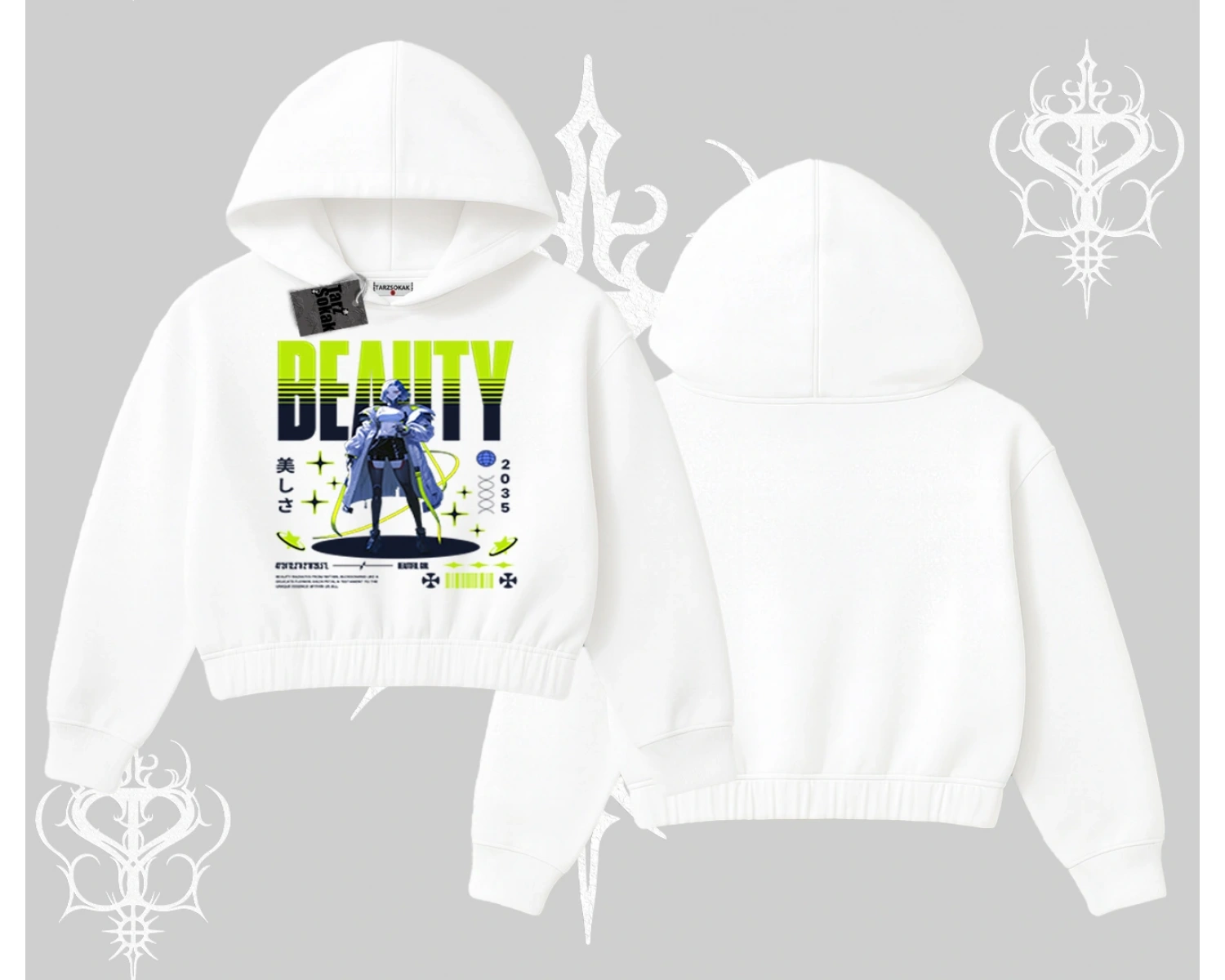 Kapşonlu Crop Sweatshirt Anime Unity Neon Detaylı Grafik Baskılı