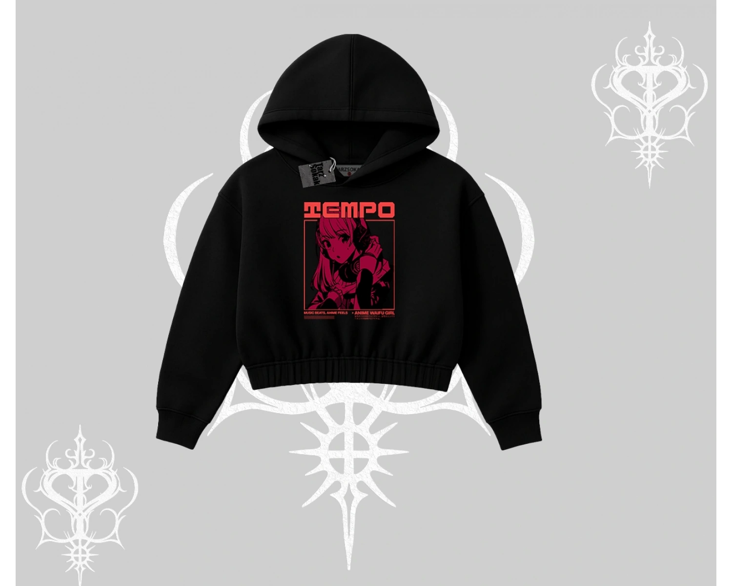 Kapşonlu Crop Sweatshirt Anime Waifu Kırmızı Grafik Desenli