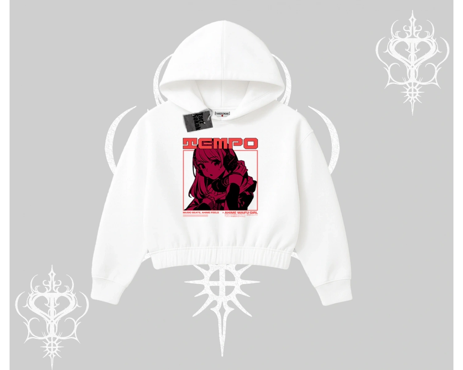 Kapşonlu Crop Sweatshirt Anime Waifu Kırmızı Grafik Desenli