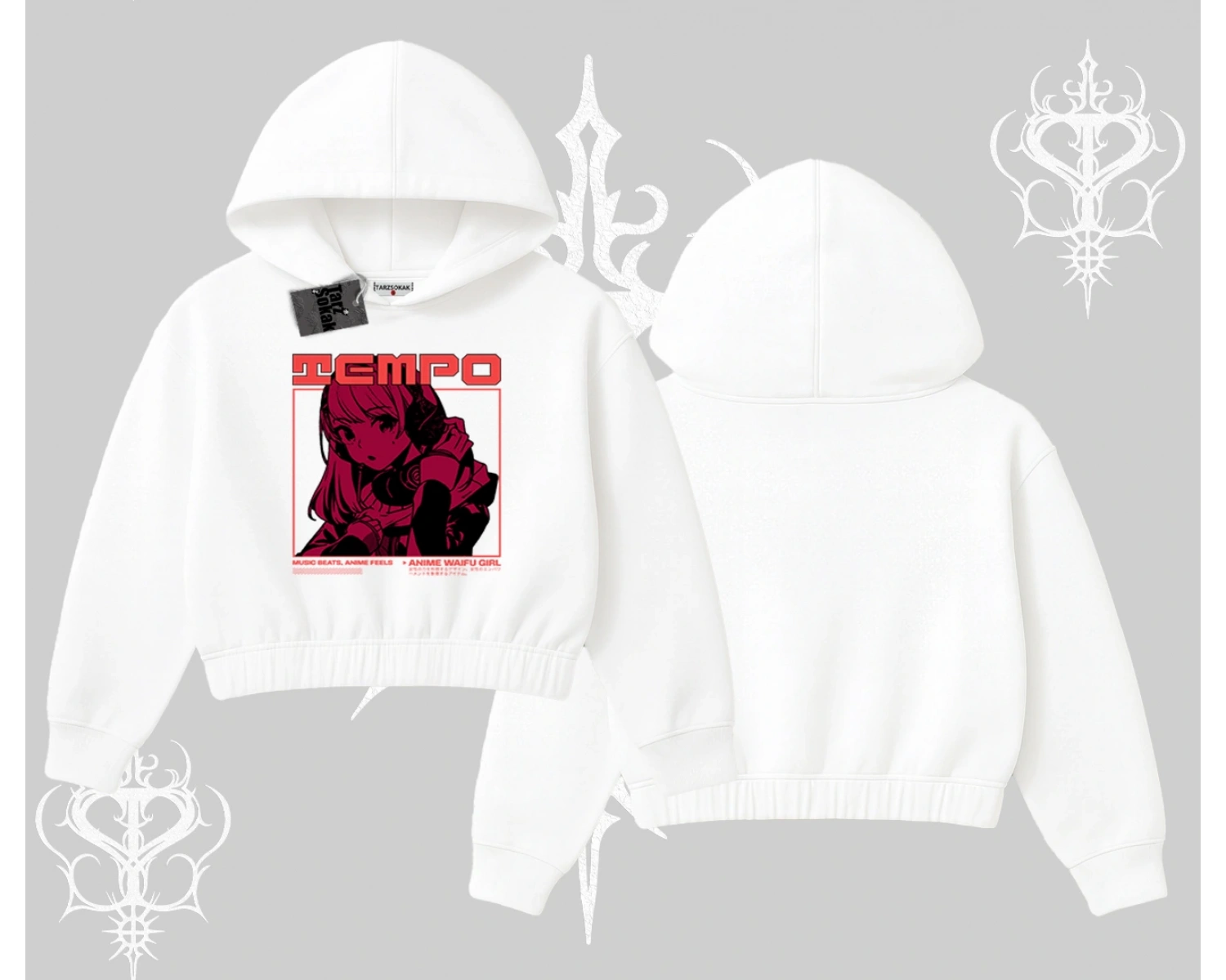 Kapşonlu Crop Sweatshirt Anime Waifu Kırmızı Grafik Desenli