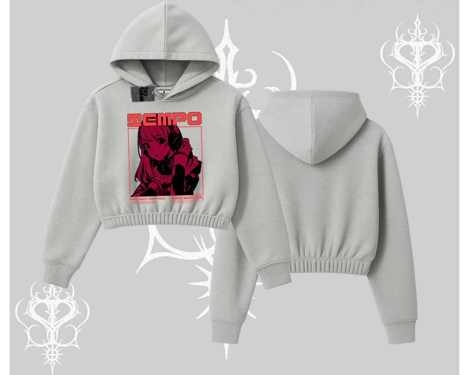 Kapşonlu Crop Sweatshirt Anime Waifu Kırmızı Grafik Desenli