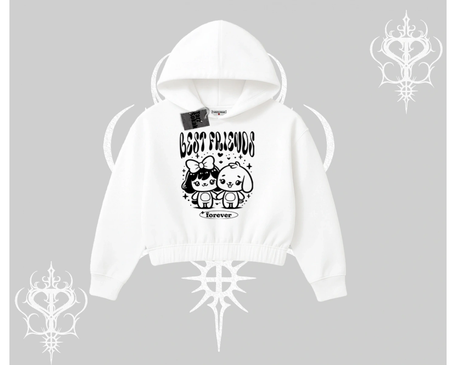 Kapşonlu Crop Sweatshirt Best Friends Forever Baskılı Sevimli Tasarım