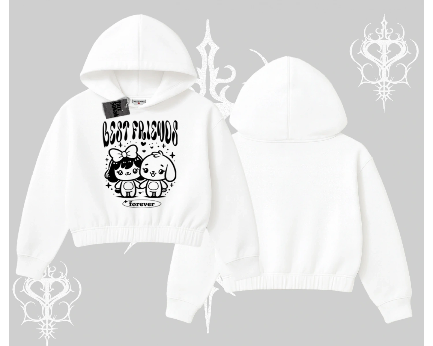 Kapşonlu Crop Sweatshirt Best Friends Forever Baskılı Sevimli Tasarım