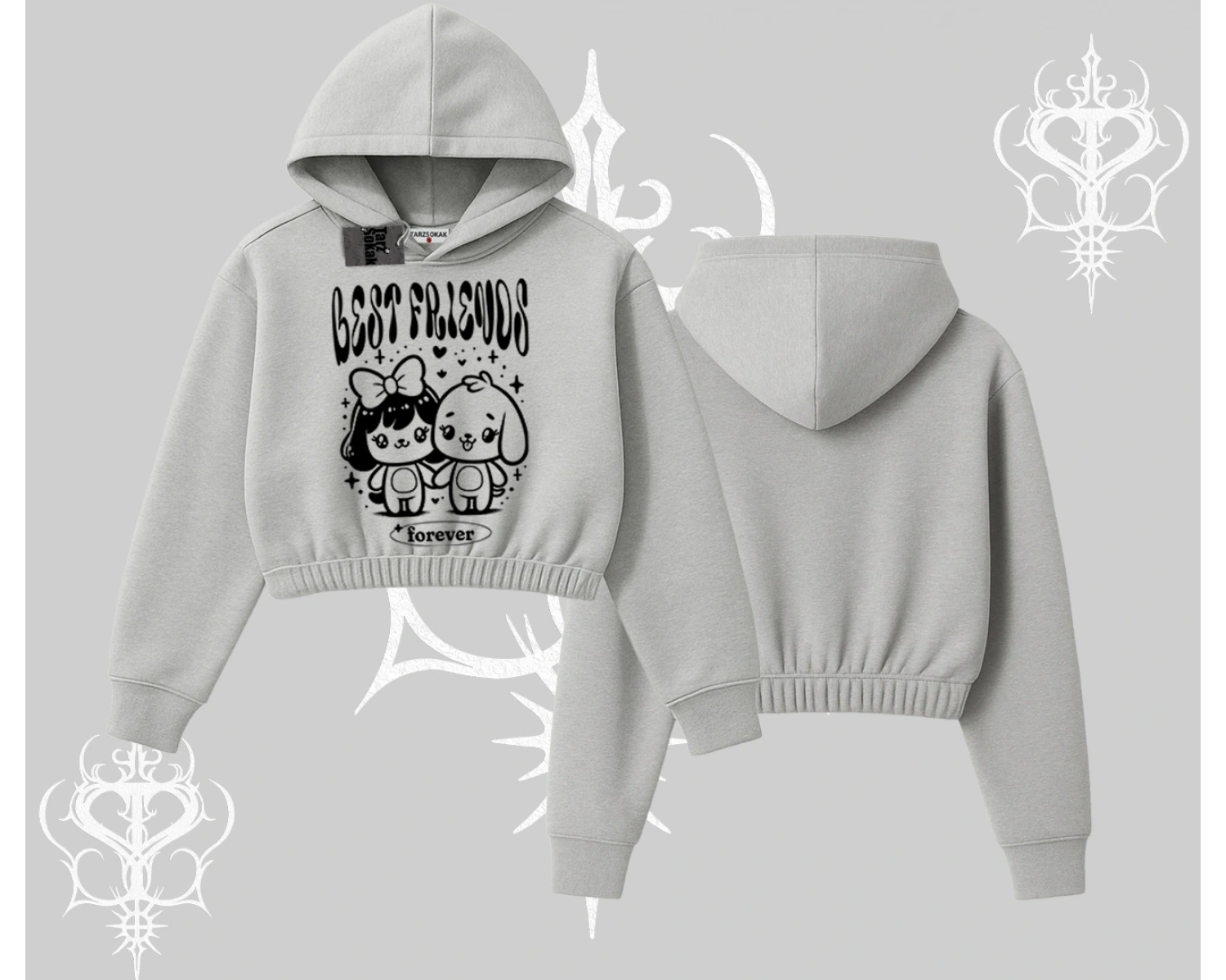 Kapşonlu Crop Sweatshirt Best Friends Forever Baskılı Sevimli Tasarım