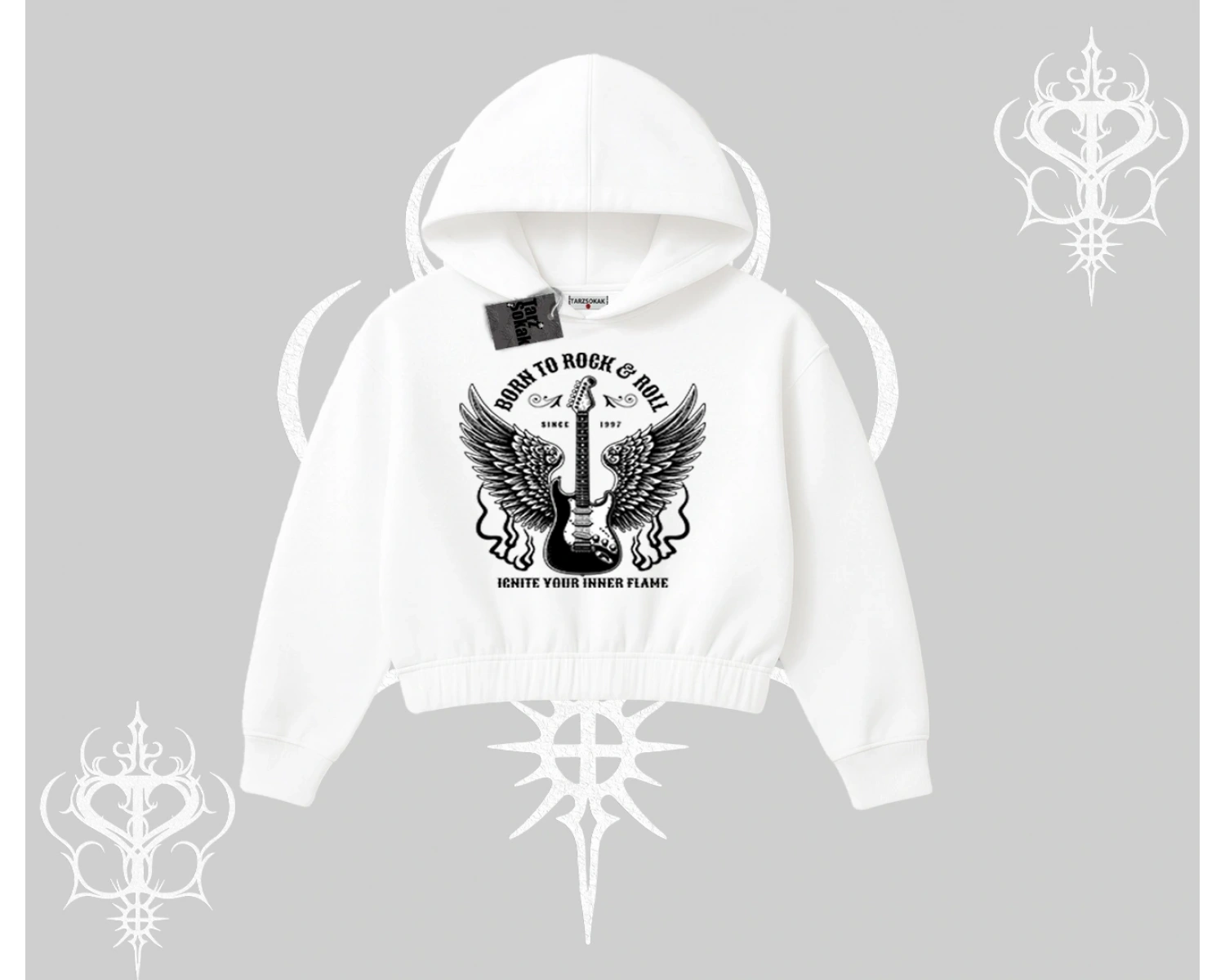 Kapşonlu Crop Sweatshirt Born to Rock Eternal Flame Legacy