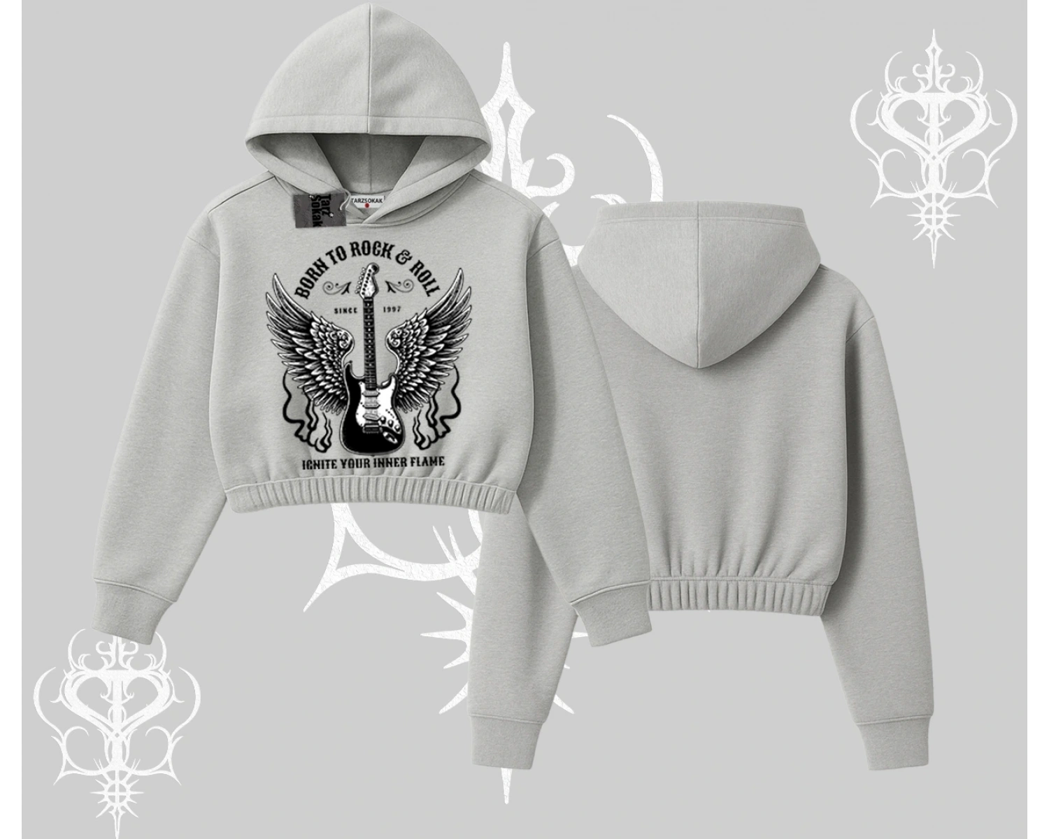 Kapşonlu Crop Sweatshirt Born to Rock Eternal Flame Legacy