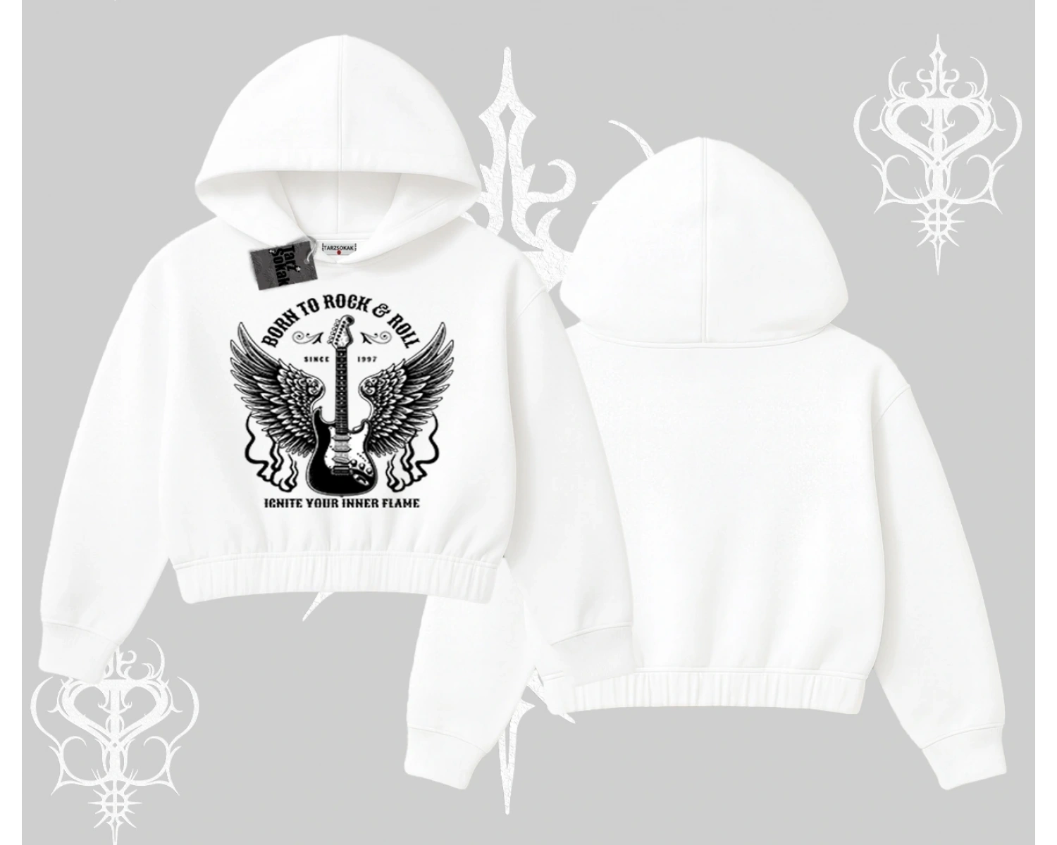 Kapşonlu Crop Sweatshirt Born to Rock Eternal Flame Legacy