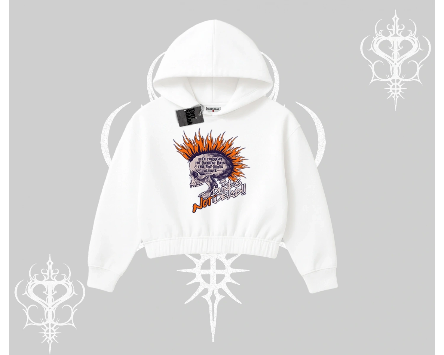 Kapşonlu Crop Sweatshirt Burning Skull Rebel Street Anthem