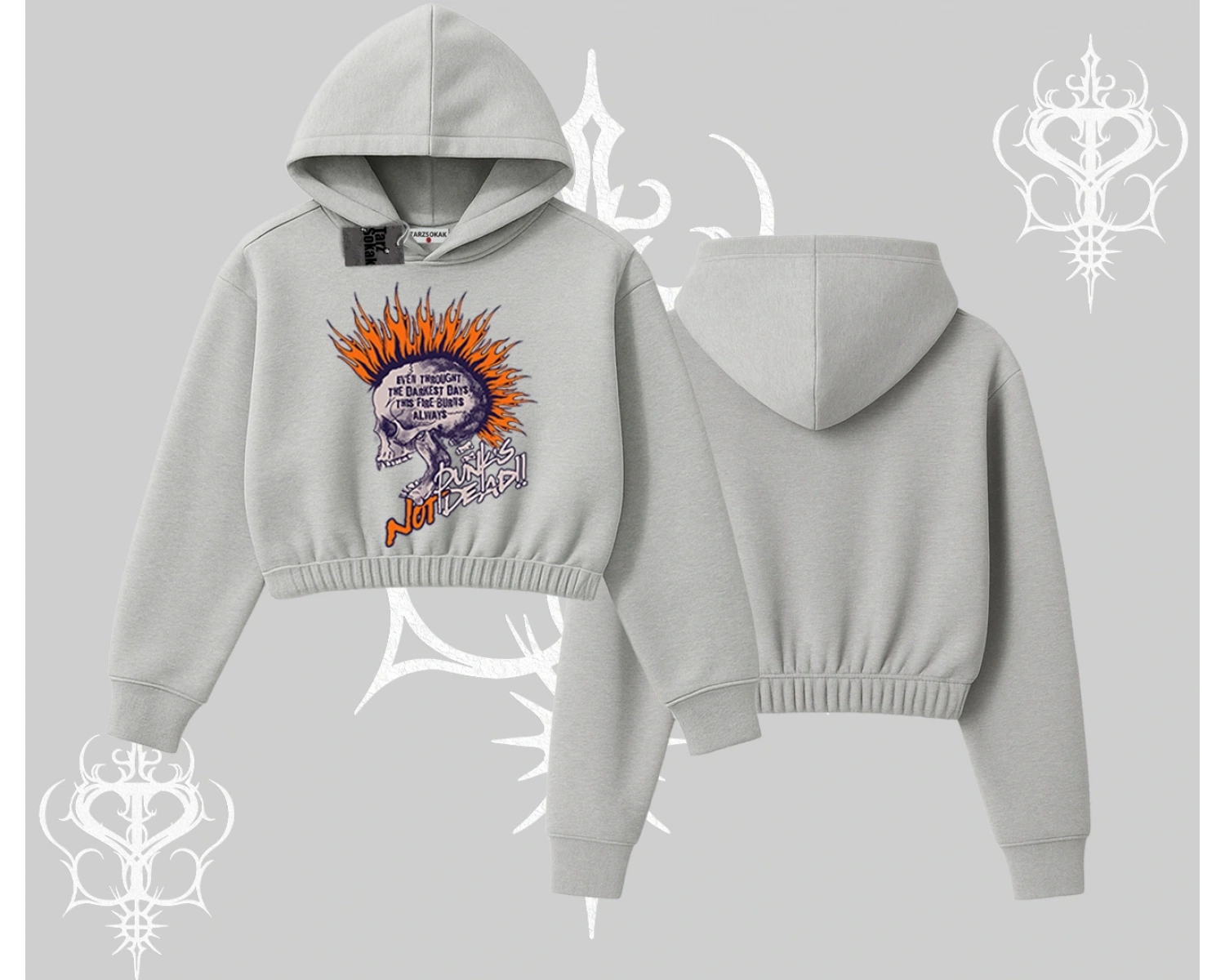 Kapşonlu Crop Sweatshirt Burning Skull Rebel Street Anthem