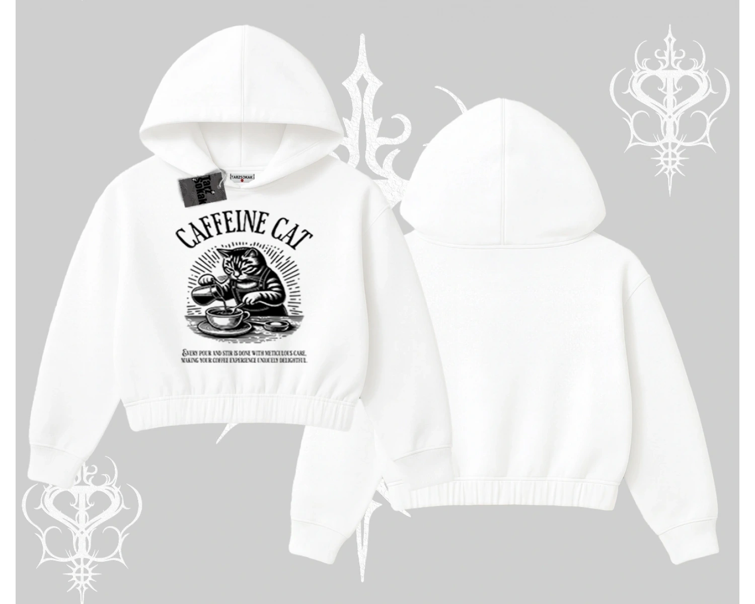 Kapşonlu Crop Sweatshirt Caffeine Cat Kahve Temalı Kedi Baskılı