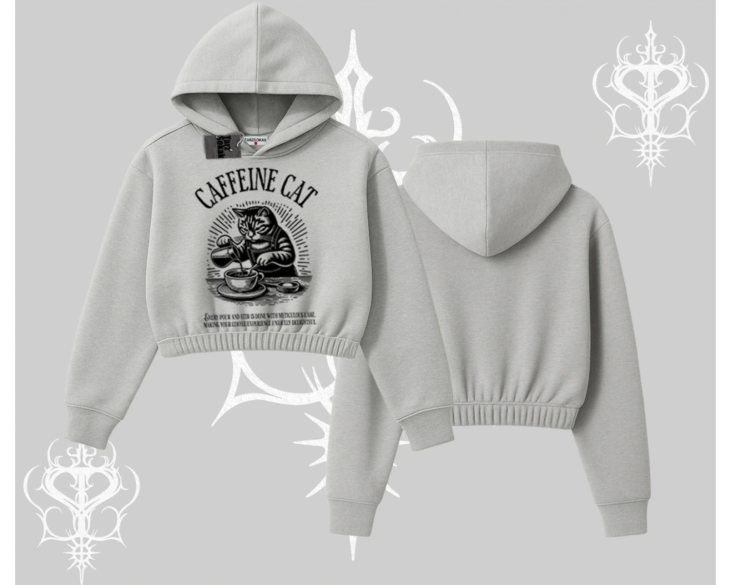 Kapşonlu Crop Sweatshirt Caffeine Cat Kahve Temalı Kedi Baskılı