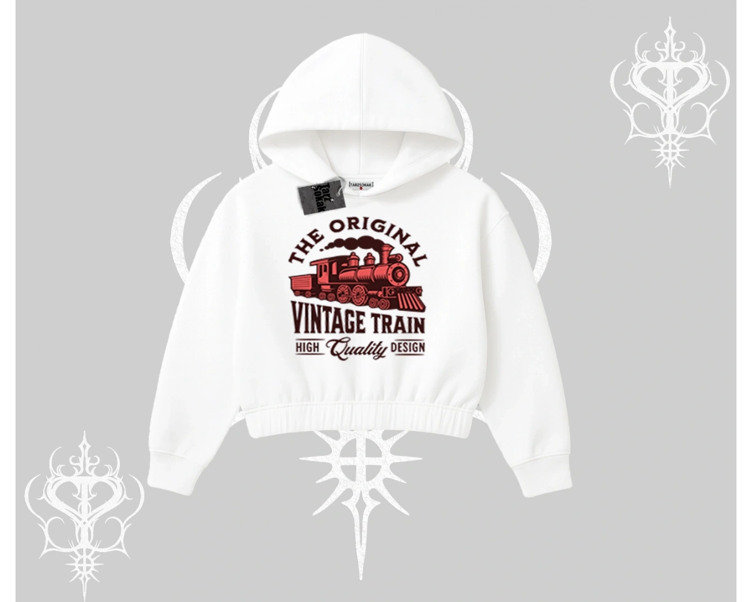 Kapşonlu Crop Sweatshirt Classic Railroad Vintage Train Street Aesthetic