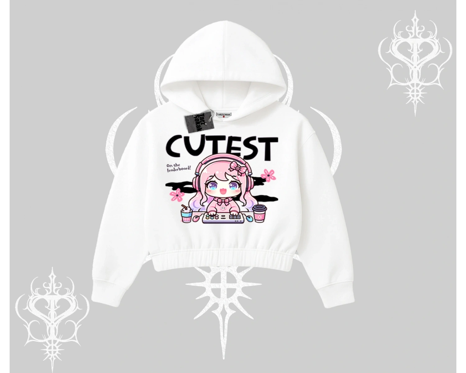 Kapşonlu Crop Sweatshirt Cute Anime Gamer Girl Baskılı