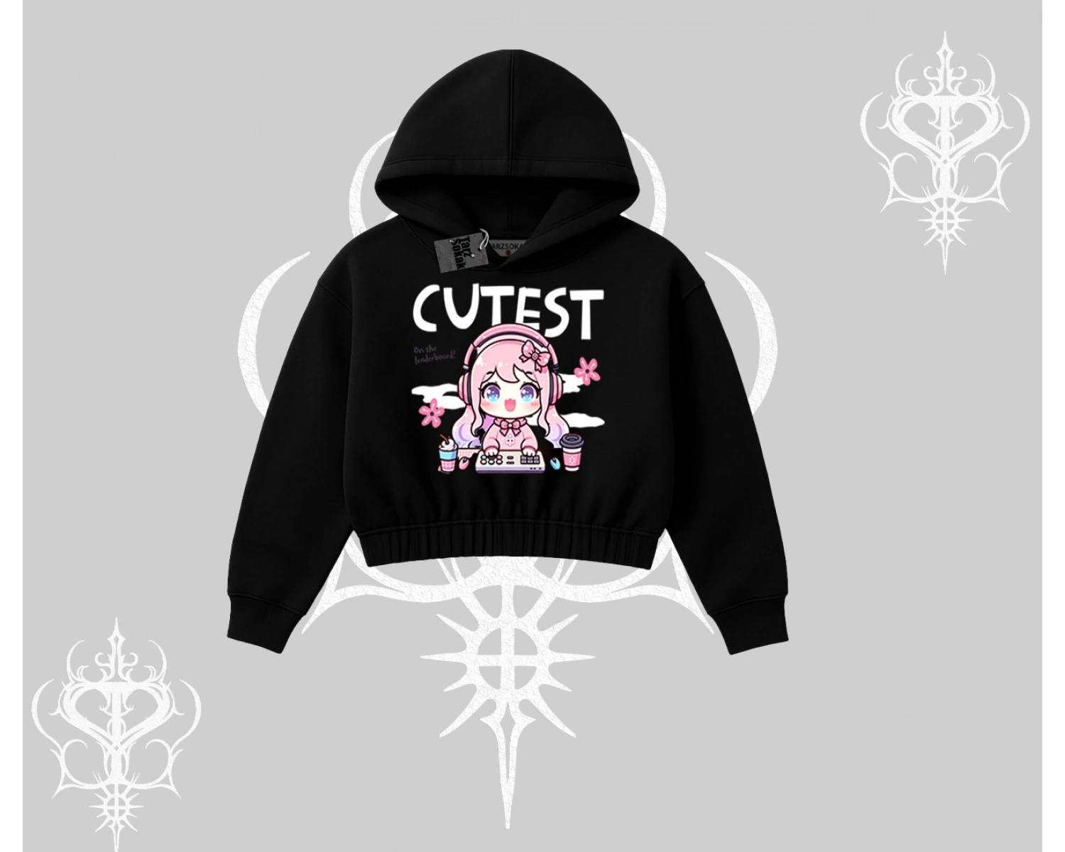 Kapşonlu Crop Sweatshirt Cute Anime Gamer Girl Baskılı