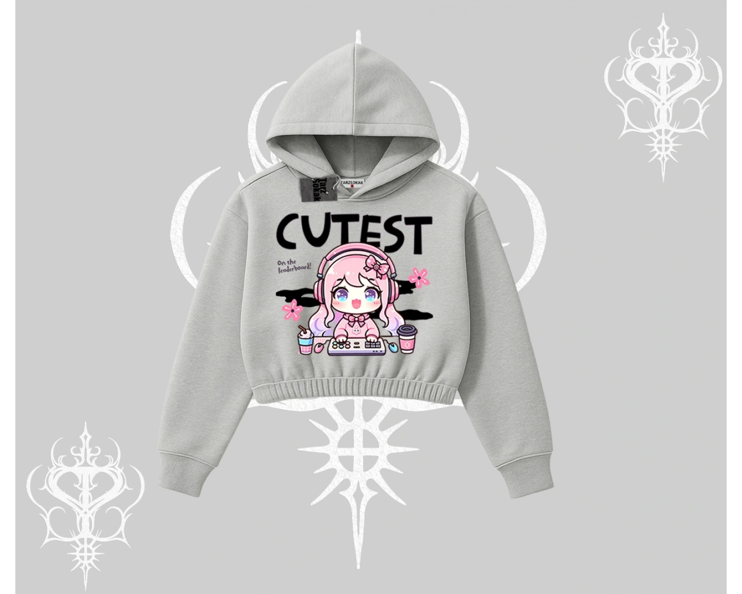 Kapşonlu Crop Sweatshirt Cute Anime Gamer Girl Baskılı