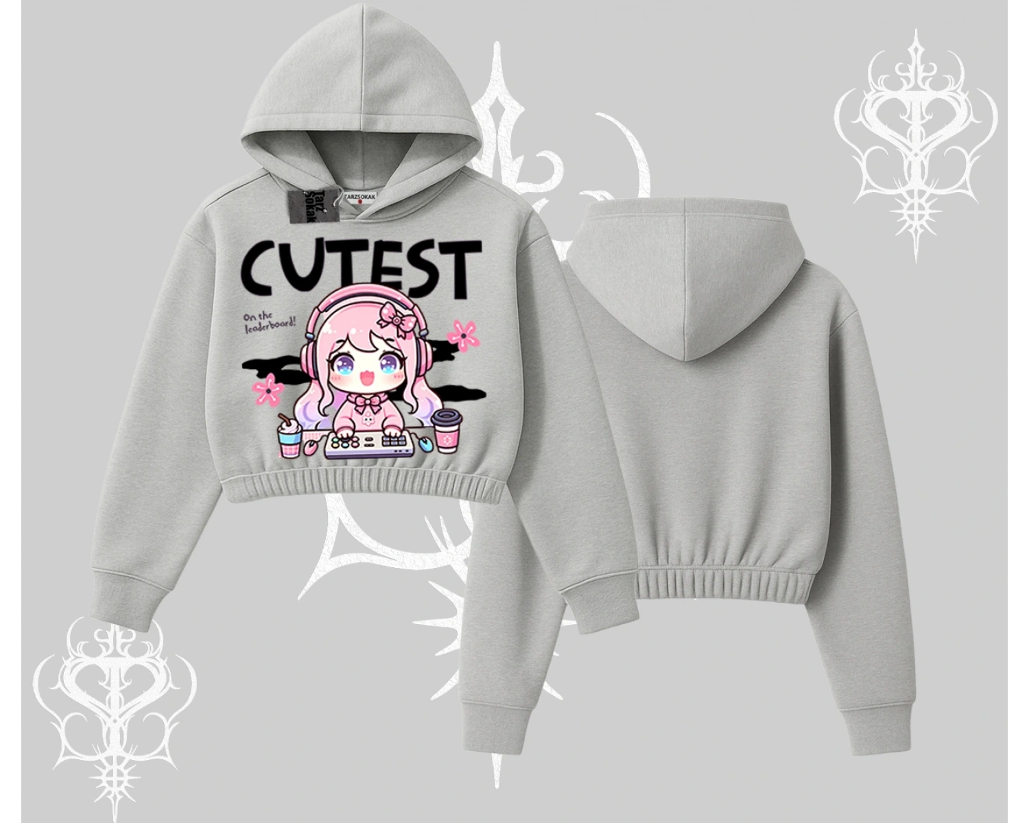 Kapşonlu Crop Sweatshirt Cute Anime Gamer Girl Baskılı