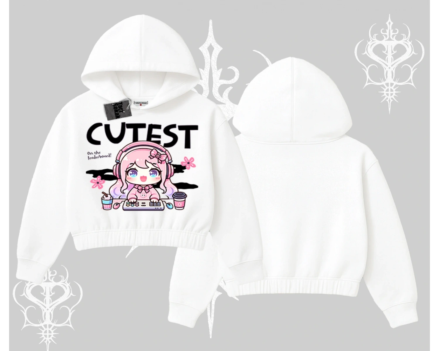Kapşonlu Crop Sweatshirt Cute Anime Gamer Girl Baskılı