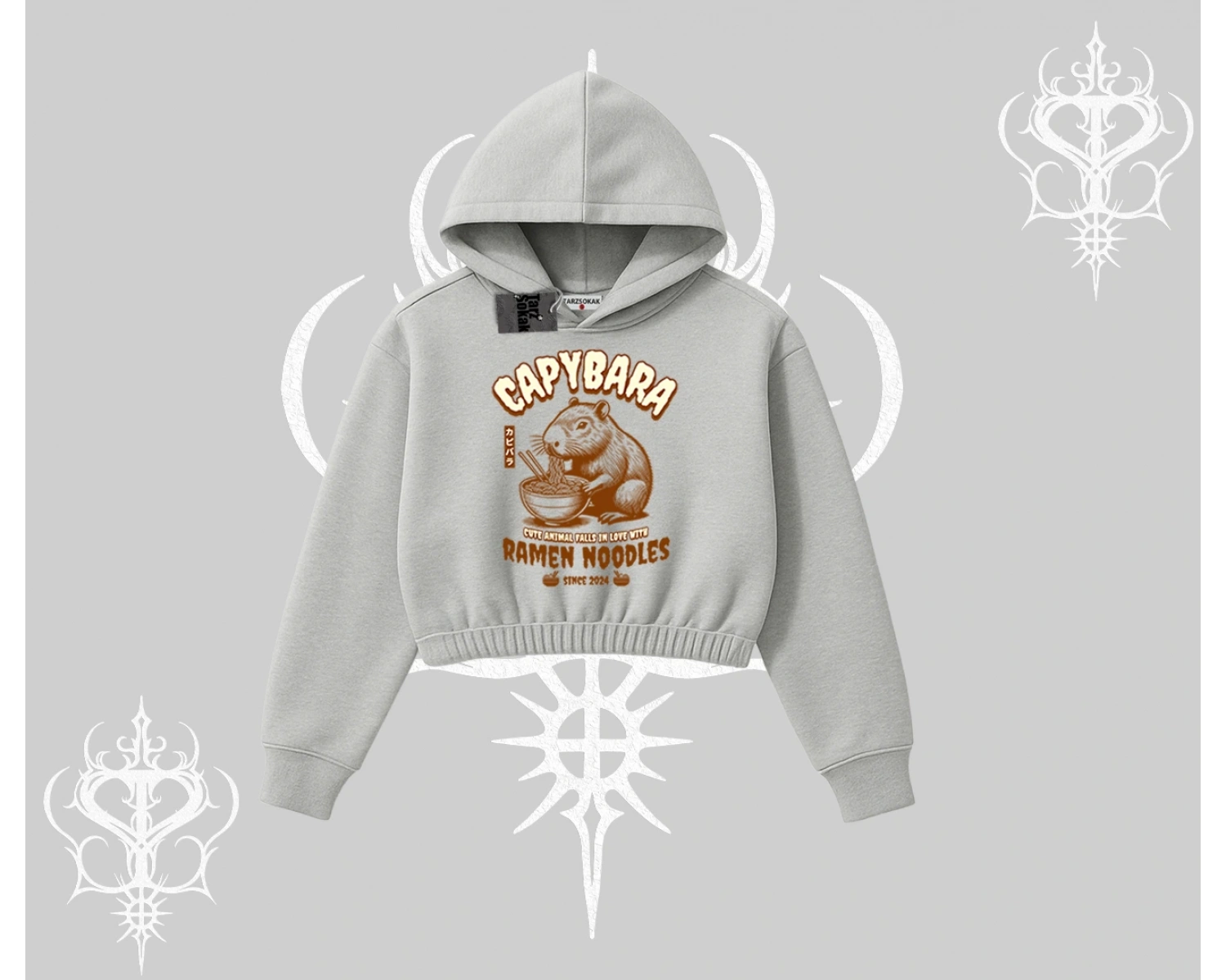 Kapşonlu Crop Sweatshirt Cute Capybara Enjoying Ramen Noodles Artwork