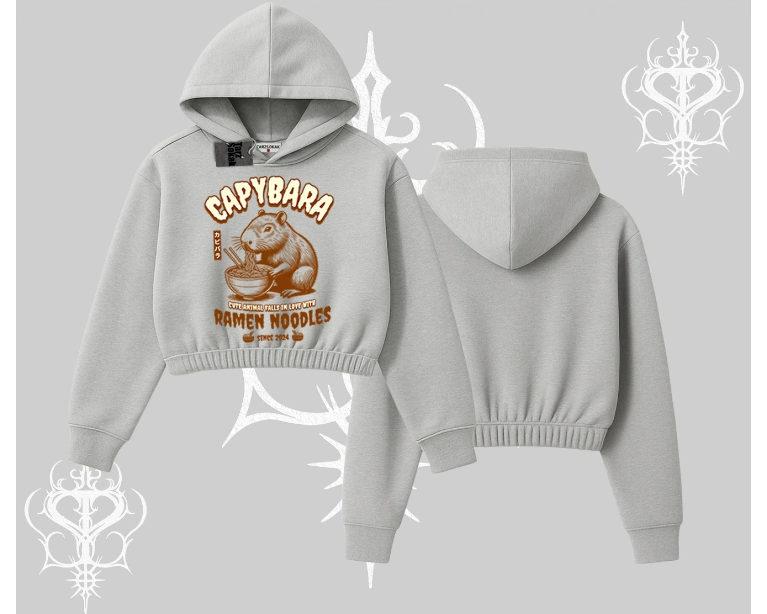 Kapşonlu Crop Sweatshirt Cute Capybara Enjoying Ramen Noodles Artwork