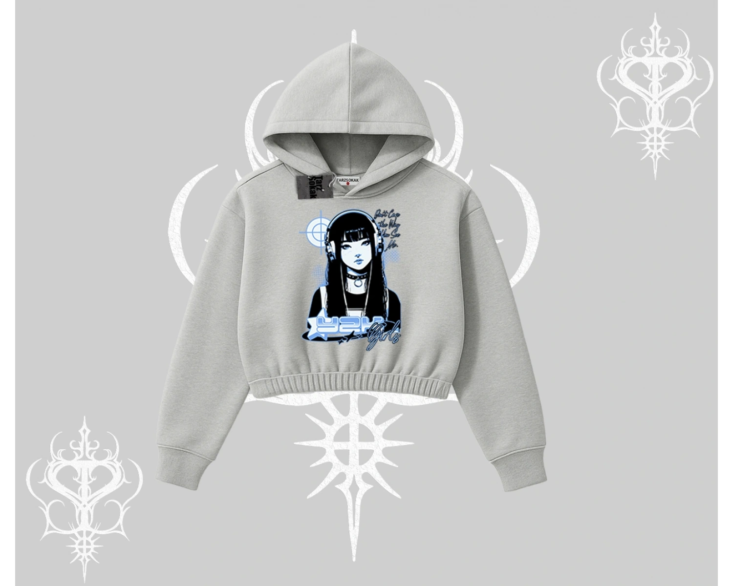 Kapşonlu Crop Sweatshirt Cyber Y2K Anime Girl Street Sound Aesthetic
