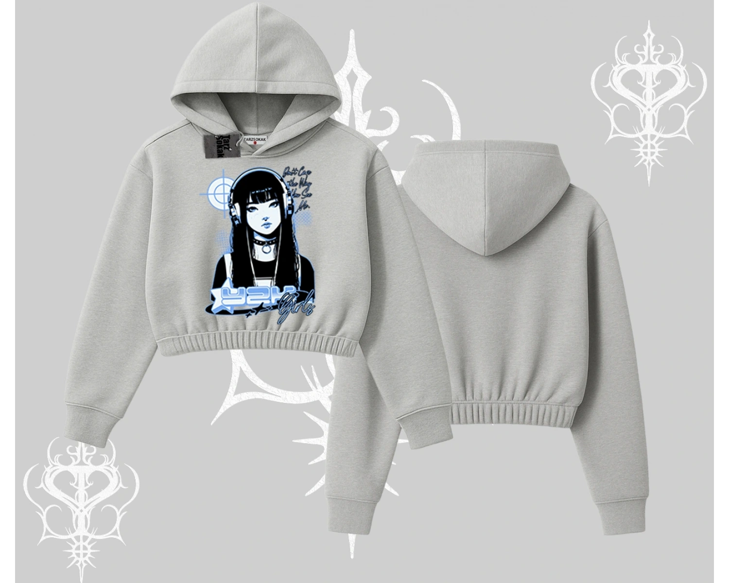 Kapşonlu Crop Sweatshirt Cyber Y2K Anime Girl Street Sound Aesthetic