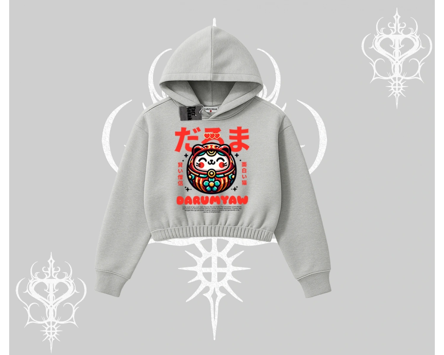 Kapşonlu Crop Sweatshirt Daruma Kedi Anime Baskılı