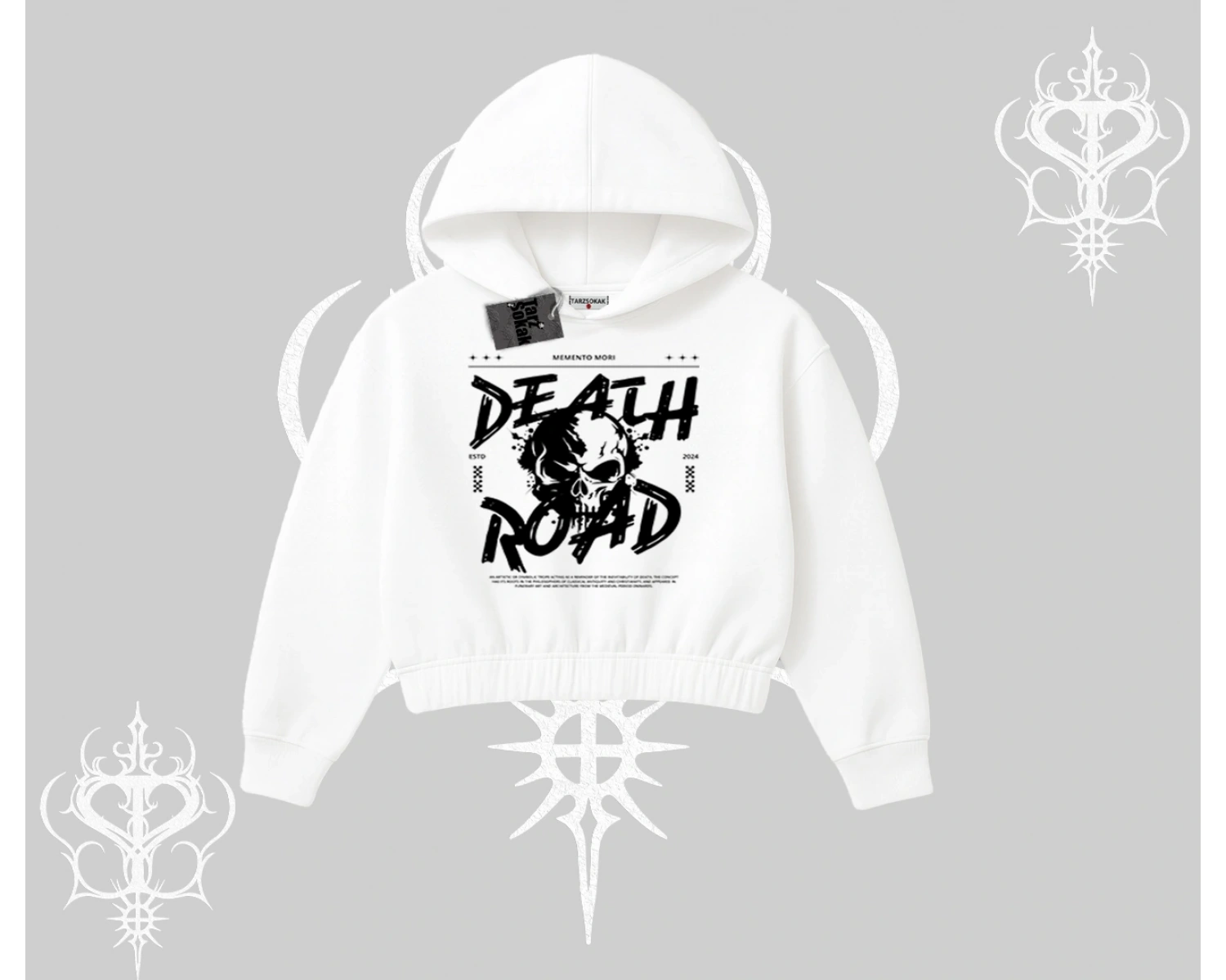Kapşonlu Crop Sweatshirt Death Road Memento Mori Street Manifest
