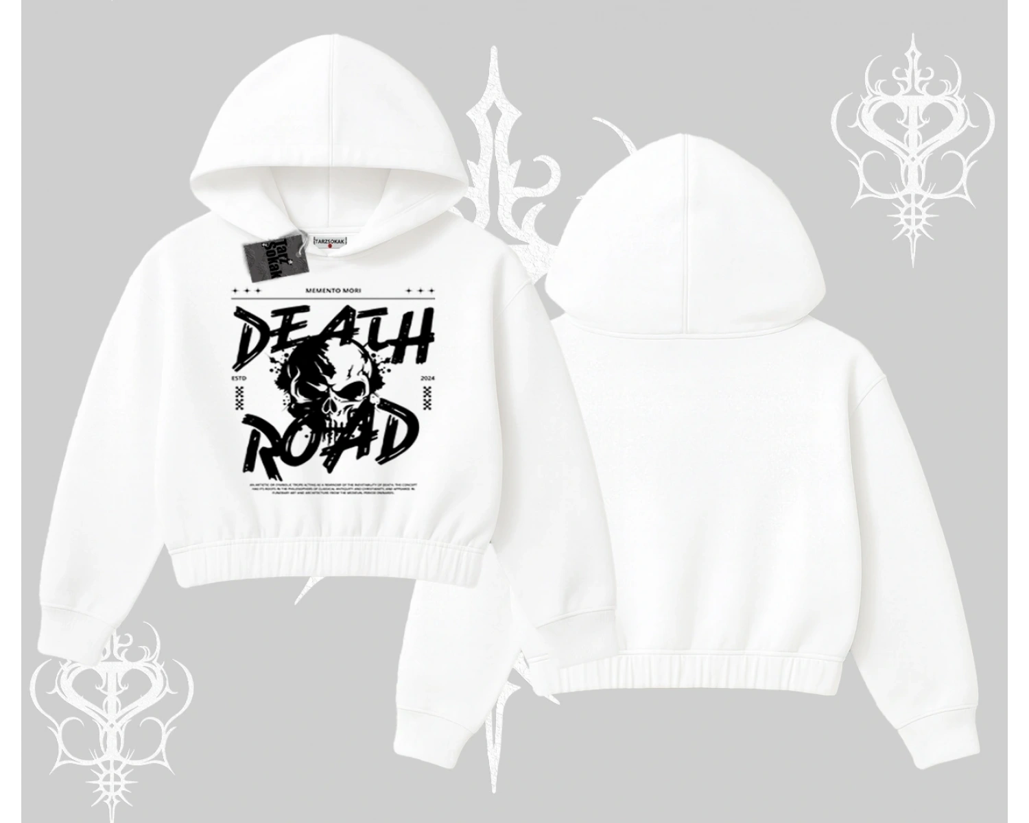 Kapşonlu Crop Sweatshirt Death Road Memento Mori Street Manifest