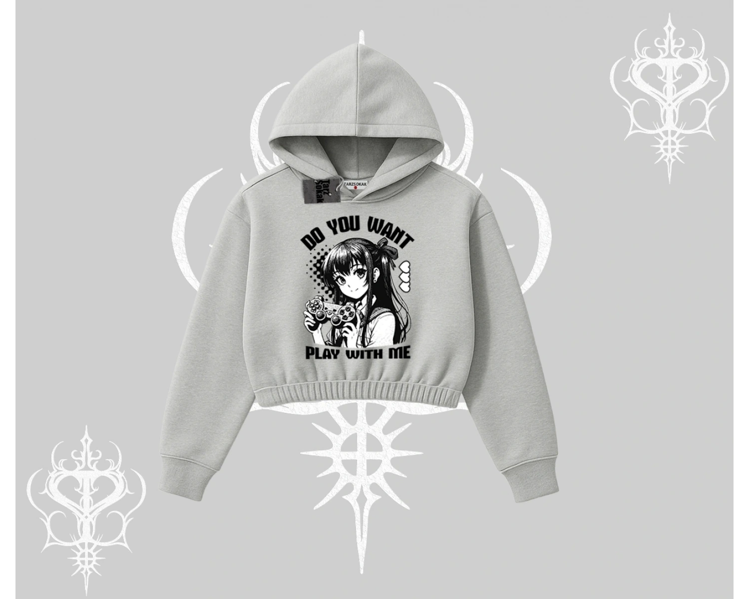 Kapşonlu Crop Sweatshirt Do You Want Play With Me Anime Kız Baskılı
