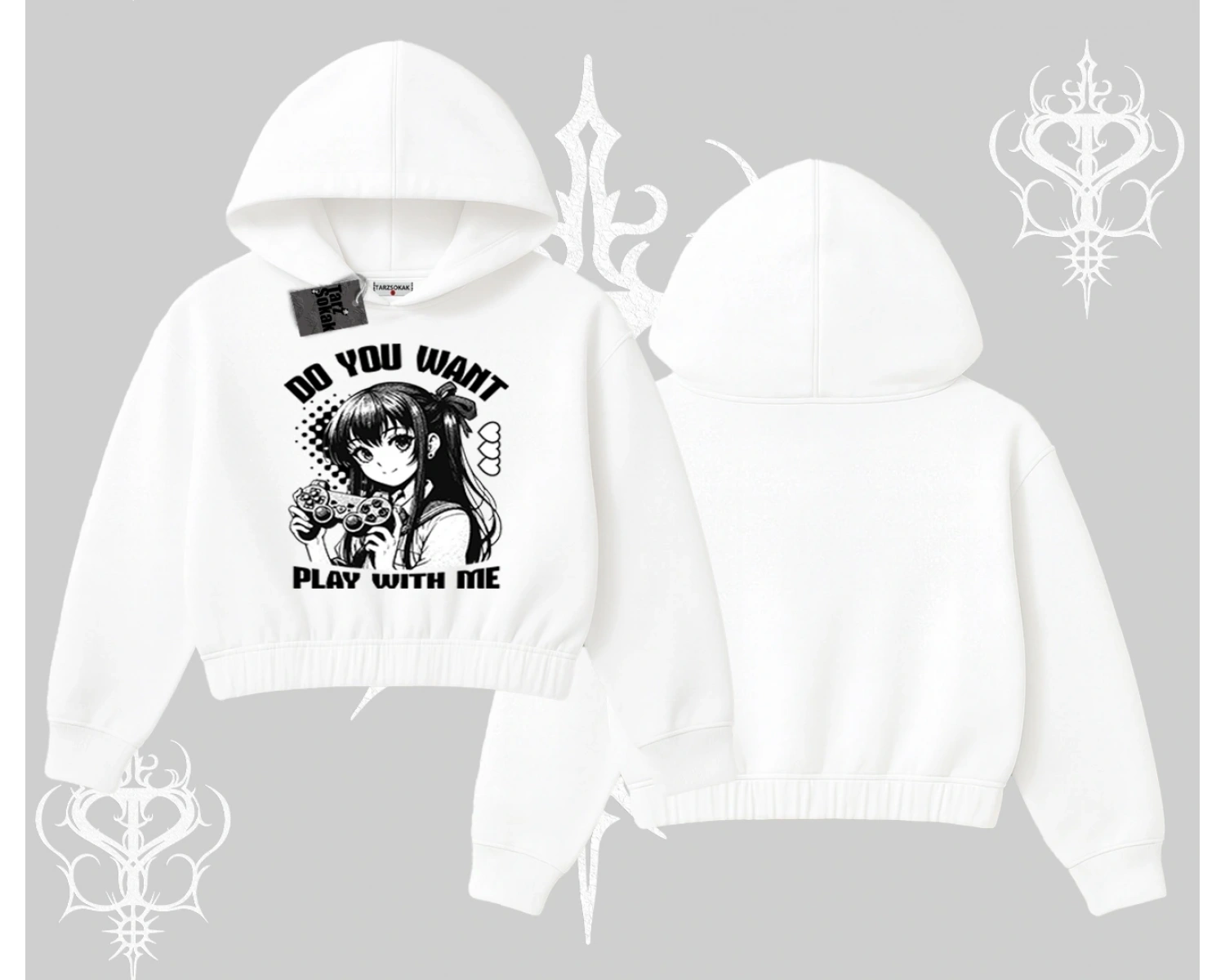 Kapşonlu Crop Sweatshirt Do You Want Play With Me Anime Kız Baskılı