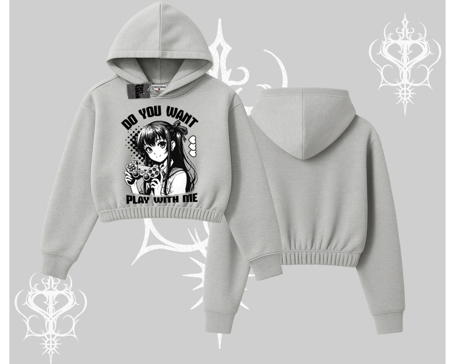 Kapşonlu Crop Sweatshirt Do You Want Play With Me Anime Kız Baskılı