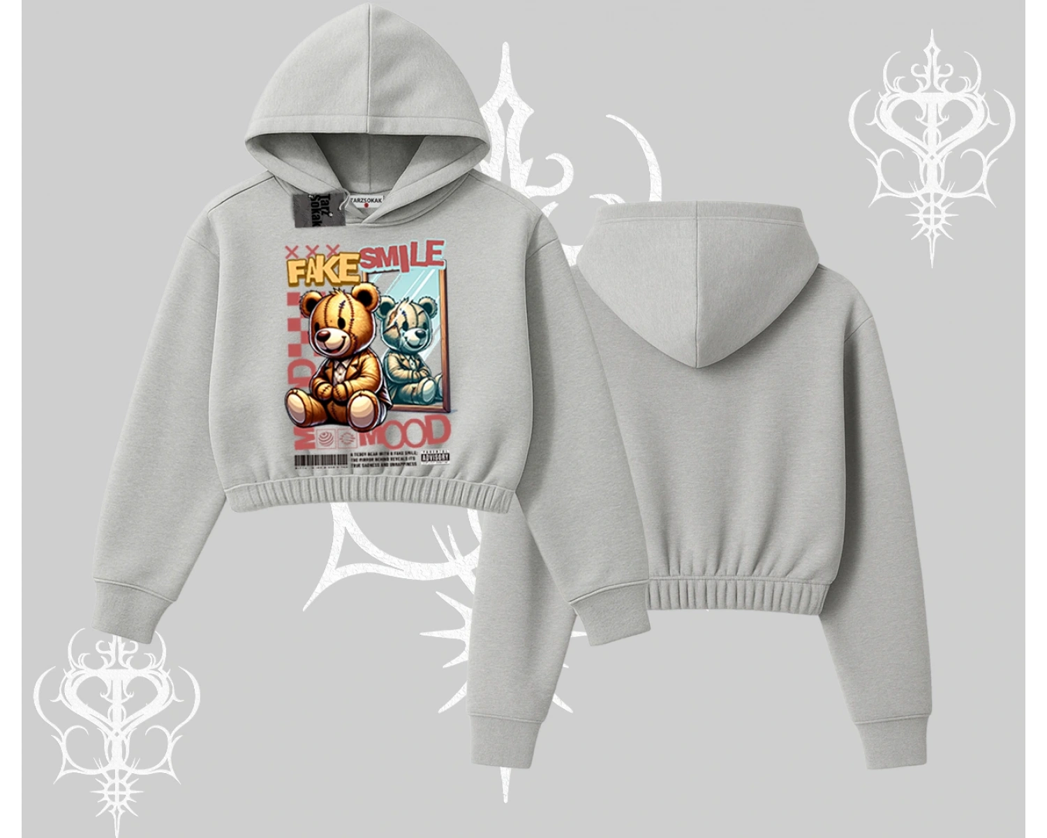 Kapşonlu Crop Sweatshirt Fake Smile Mood Ayıcık Grafik Baskılı