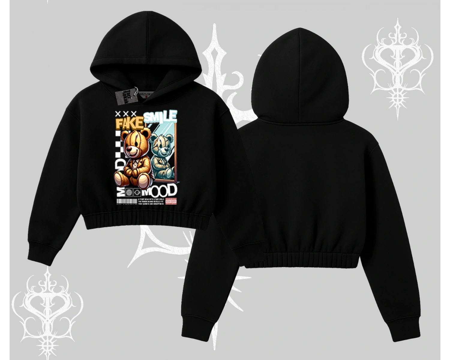 Kapşonlu Crop Sweatshirt Fake Smile Mood Ayıcık Grafik Baskılı