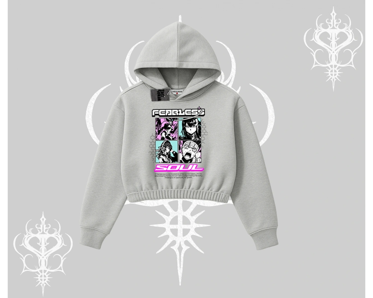 Kapşonlu Crop Sweatshirt Fearless Soul Anime Kolaj Baskılı