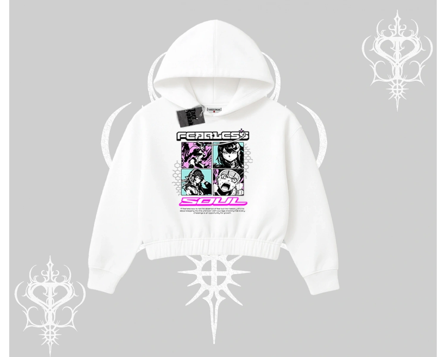 Kapşonlu Crop Sweatshirt Fearless Soul Anime Kolaj Baskılı