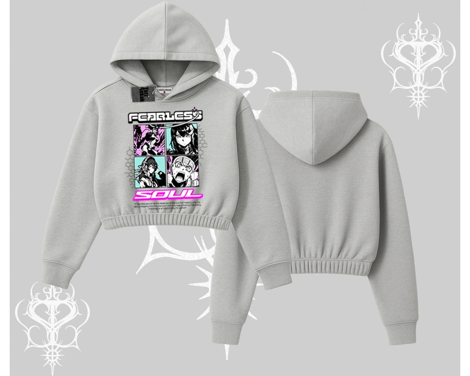 Kapşonlu Crop Sweatshirt Fearless Soul Anime Kolaj Baskılı